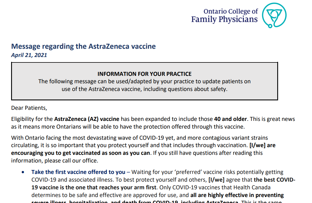 Message regarding the AstraZeneca vaccine